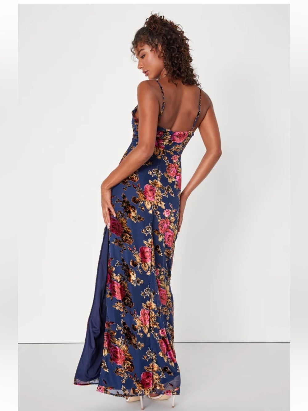 NWT Lulus Chic Romantic Navy Blue Burnout Velvet Floral Cowl Neck Dress - Picture 2 of 8